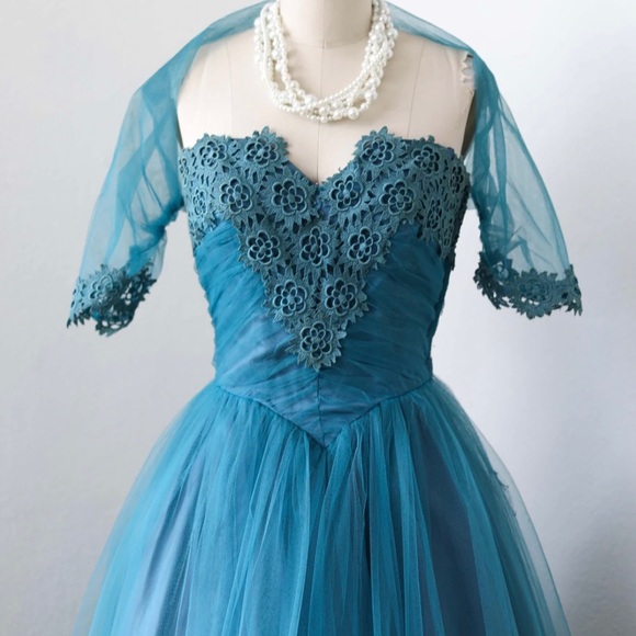 Vintage 1950s - Mermaid Teal Strapless Gown w/ Matching Cropped Bolero Jacket - Picture 7 of 7